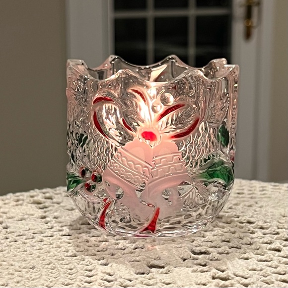 Mikasa Holiday Bells Crystal Votive Candle Holder Frosted Bells Ribbons Holly - Picture 4 of 4